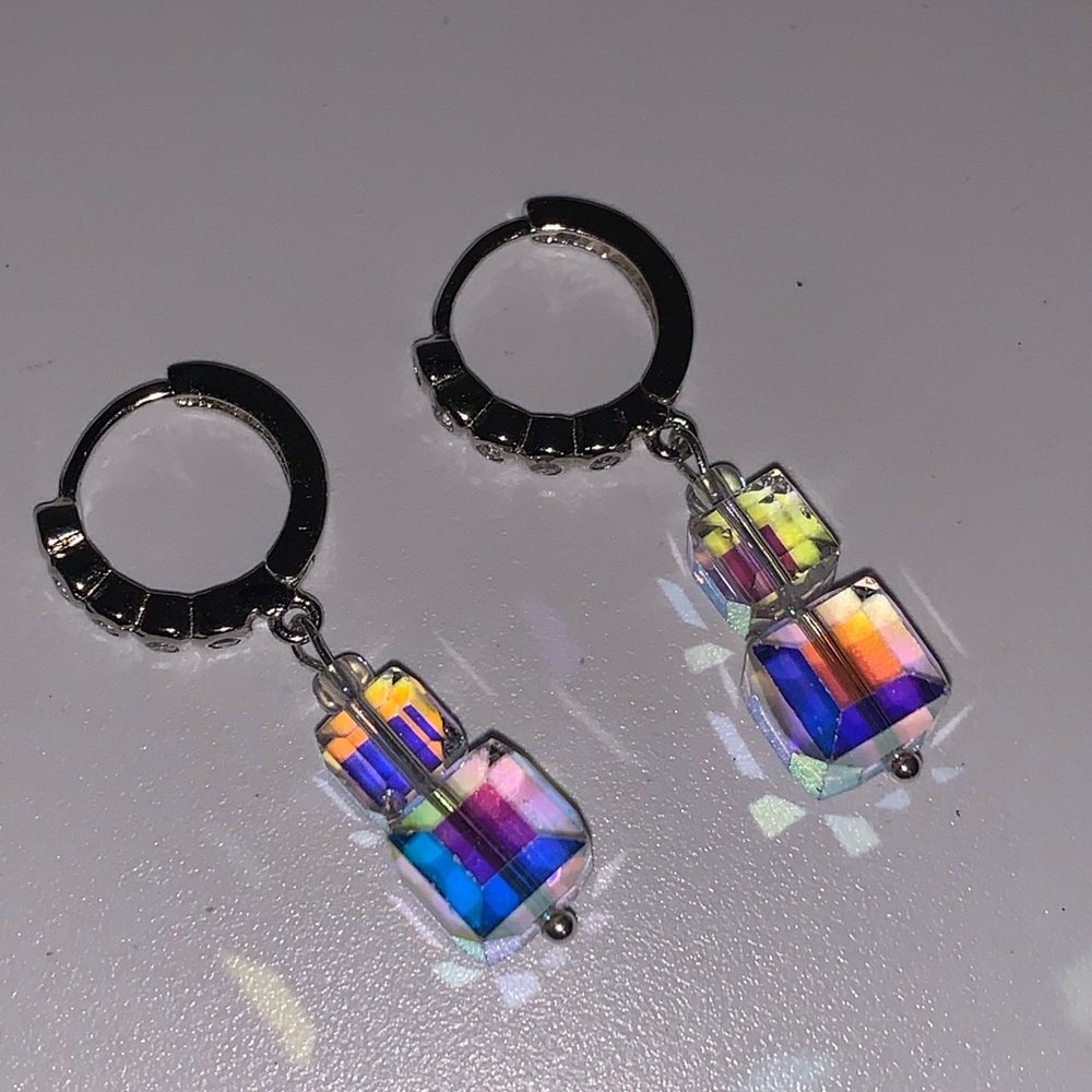 OOAK NWT Graduated AB Square Crystal Sterling & CZ Earrings